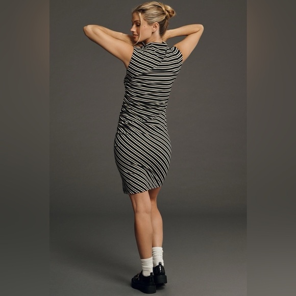 Anthropologie Mock-Neck Ribbed Knit Ruched Dress in Striped Black & White sz XS - Picture 3 of 5